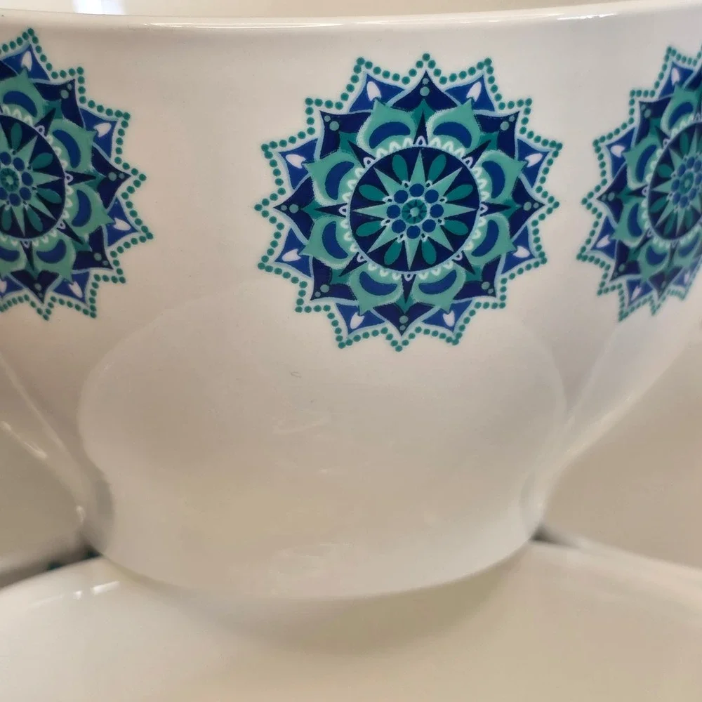 New Royal Norfolk Snowflake Medallion Teal Blue‎ Ceramic Soup Cereal Bowls Qty 4